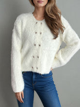 Heart Button Round Neck Cardigan White One Size OutfitFlow