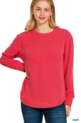 Zenana Full Size Raised Rib Round Neck Long Sleeve Top Plus Size RUBY OutfitFlow