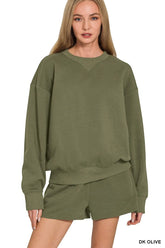 Zenana Fleece Long Sleeve Sweatshirts & Shorts Set DK OLIVE OutfitFlow