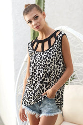 BiBi Leopard Printed Soft Rib Knit Front Sut Out Top BLACK BLACK OutfitFlow