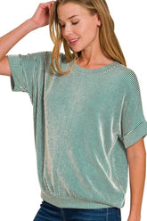 Zenana Corded Rib Short Sleeve T-Shirt DK GREEN OutfitFlow