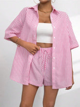Striped Button Up Shirt and Shorts Set Pink OutfitFlow