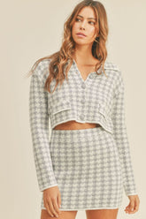 MABLE Houndstooth Cropped Knit Cardigan and Mini Skirt Set Blue OutfitFlow