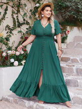 Plus Size Button Detail V-Neck Short Sleeve Maxi Dress Deep Teal OutfitFlow