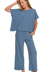 Zenana Cotton Slub Top & Pants Set DUSTY BLUE OutfitFlow