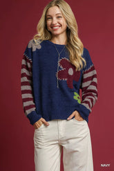 Umgee Flower Jacquard Striped Long Sleeve Sweater Navy OutfitFlow