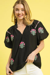 Umgee Floral Embroidered Puff Sleeve Blouse Black OutfitFlow