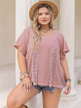 Plus Size Lace Detail Round Neck Short Sleeve T-Shirt Dusty Pink OutfitFlow