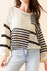 Contrast Striped Crochet Long Sleeve Knit Cover Up White OutfitFlow