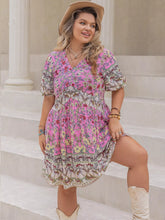 Plus Size Floral Print V-Neck Puff Sleeve Summer Dress Heliotrope Purple OutfitFlow