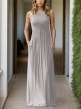 Full Size Grecian Neck Dress with Pockets Light Gray OutfitFlow