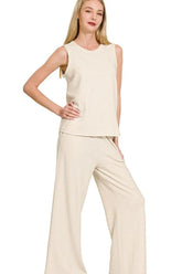 Zenana Cotton Slub Tank & Pants Set SAND BEIGE OutfitFlow