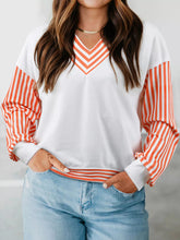 Stripe V Neck Drop Shoulder Patchwork Long Sleeve Top White OutfitFlow
