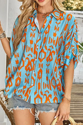 Abstract Print Dolman Short Sleeve Western Loose Shirt Teal OutfitFlow