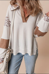 Waffle-Knit Leopard Johnny Collar Long Sleeve Top White OutfitFlow
