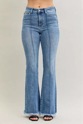 Judy Blue High Waist Flare Fray Hem Jeans with Front Pintuck Detail MD OutfitFlow