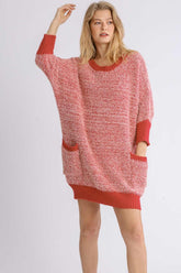 Umgee Full Size Ribbed Hem Round Neck 3/4 Sleeve Sweater Dress with Pockets Plus Size Scarlet OutfitFlow