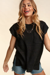 Haptics Pocketed Round Neck Cap Sleeve Knit Top Black OutfitFlow