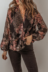 Printed Surplice Long Sleeve Blouse Black OutfitFlow