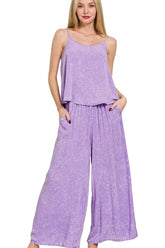 Zenana Woven Acid Crinkle Washed Cami & Pants 2 Piece Set LAVENDER OutfitFlow