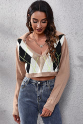 Geometric Long Sleeve Cropped Sweater Taupe OutfitFlow