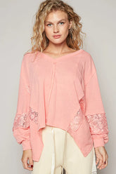 POL V-Neck Long Sleeve T-Shirt with Lace Detail Blush Pink OutfitFlow