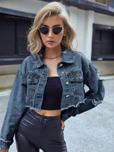 Distressed Raw Hem Cropped Denim Jacket Medium OutfitFlow