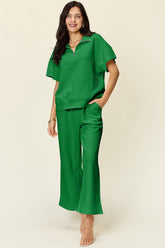Double Take Full Size Texture Half Zip Short Sleeve Top and Pants Set Green OutfitFlow