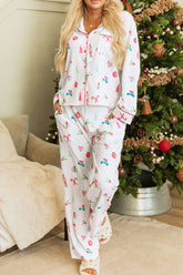 Christmas Printed Collared Neck Top and Pants Lounge Set White OutfitFlow