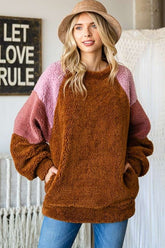 Culture Code Color Block Faux Fur Raglan Sleeve Sweatshirt Brown OutfitFlow
