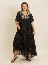 Plus Size Printed V-Neck Flutter Sleeve Maxi Dress Black OutfitFlow