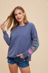 Annie Wear Embroidered Long Sleeve French Terry Top Washed Midnight OutfitFlow