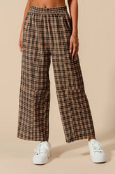 SO ME Check Plaid Wide Leg Pants with Big Patch Pockets BLACK CAMEL OutfitFlow