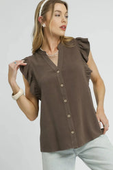 Umgee Linen Ruffle Sleeve Button-Down Shirt Coffee Brown OutfitFlow
