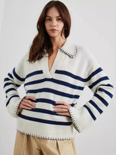 Striped Johnny Collar Sweater Stripe OutfitFlow