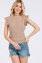Ces Femme Texture Mock Neck Ruffle Cap Sleeve Blouse Camel OutfitFlow