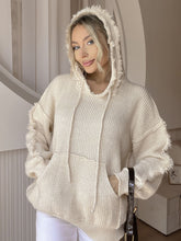 Drawstring Fringe Hem Long Sleeve Hooded Sweater Beige One Size OutfitFlow