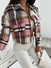 Pocketed Collared Neck Long Sleeve Plaid Jacket Pink OutfitFlow