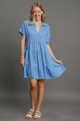 Umgee Full Size Raw Hem Folded Sleeve Tiered Dress Plus Size Sky Blue OutfitFlow