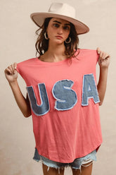 BiBi Washed Jersey With Usa Patched Raw Cut Edge Detail CORAL DENIM OutfitFlow