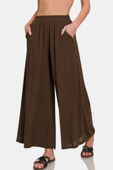 Zenana Woven Wide Leg Pants With Pockets BROWN OutfitFlow