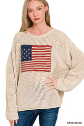 Zenana American Flag Crew Neck Sweater SAND BEIGE OutfitFlow