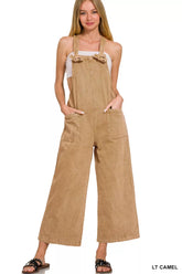 Zenana Washed Knot Strap Pockets Jumpsuit LT CAMEL OutfitFlow