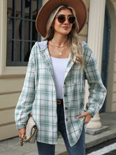 Drawstring Plaid Button Up Hooded Jacket Light Green OutfitFlow