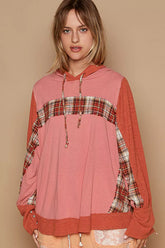 POL Oversized Drawstring Long Sleeve Hoodie with Plaid Detail BLUSH BRICK OutfitFlow
