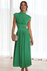 Cutout Mock Neck Sleeveless Ruched Dress Green OutfitFlow