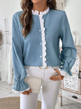 Perfee Lace Detail Button Down Long Sleeve Shirt Light Blue OutfitFlow