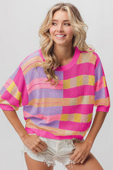 BiBi Multi Color Striped Round Neck Knit Top Fuch Peach Lavn Pink OutfitFlow
