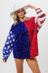 BiBi American Flag Sequin Snap Down Shirt ROYAL BLUE RED OutfitFlow