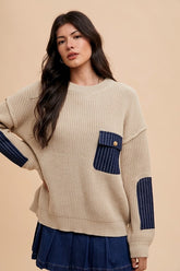 Annie Wear Contrast Round Neck Drop Shoulder Sweater with Patch Pocket Khaki OutfitFlow